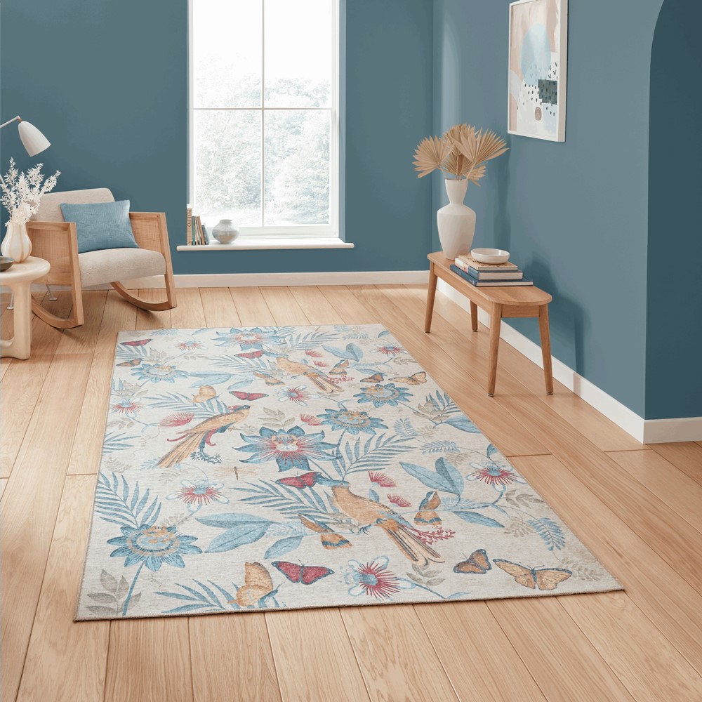 Amaya Tropical Birds Botanical Washable Rugs by Catherine Lansfield in Blue